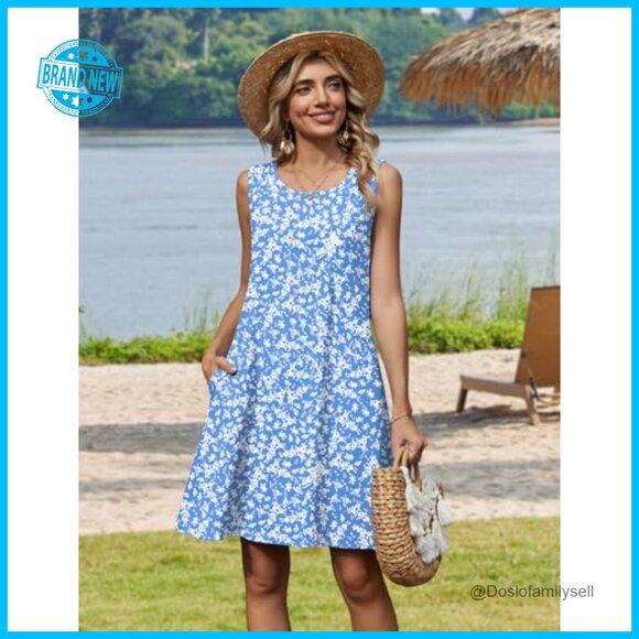 Sleeveless Floral Tshirt Sundress Casual Loose Fit A-Line Beach Dress with - Picture 3 of 7